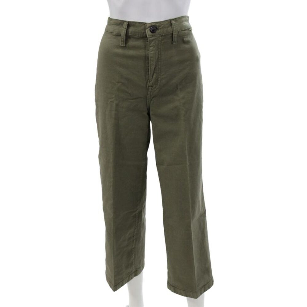 J Crew Women Cropped Chino Pants Army Green Button Solid Stretch Size 28